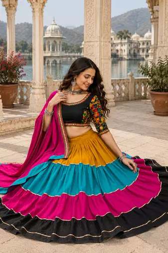 Multicolor Gamthi Rayon Cotton Navratri Lehenga Set