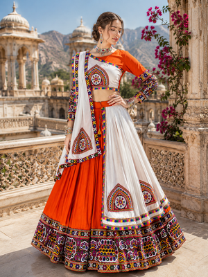 Orange Signature Navratri Gamthi Rayon Cotton Lehenga Set 1