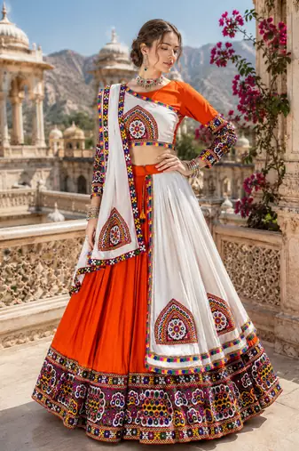 Orange Signature Navratri Gamthi Rayon Cotton Lehenga Set