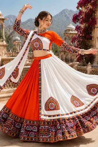 Orange Signature Navratri Gamthi Rayon Cotton Lehenga Set