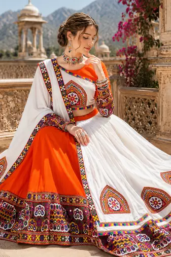 Orange Signature Navratri Gamthi Rayon Cotton Lehenga Set