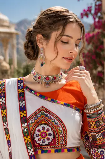 Orange Signature Navratri Gamthi Rayon Cotton Lehenga Set