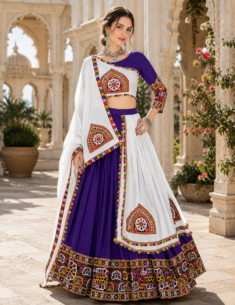Purple Signature Navratri Gamthi Rayon Cotton Lehenga Set