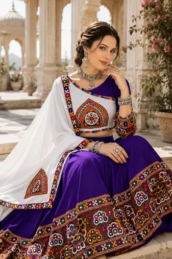 Purple Signature Navratri Gamthi Rayon Cotton Lehenga Set