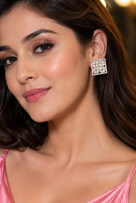 Gold Plated American Diamond Floral Square Stud Earrings 1