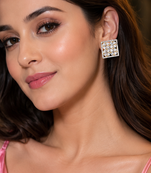 Gold Plated American Diamond Floral Square Stud Earrings