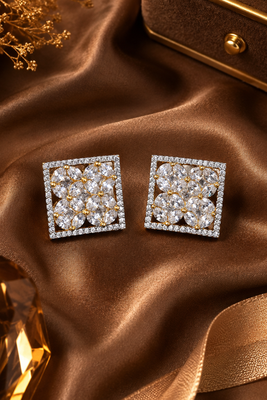 Gold Plated American Diamond Floral Square Stud Earrings 2