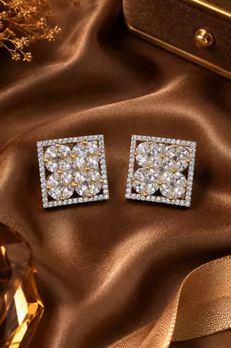 Gold Plated American Diamond Floral Square Stud Earrings