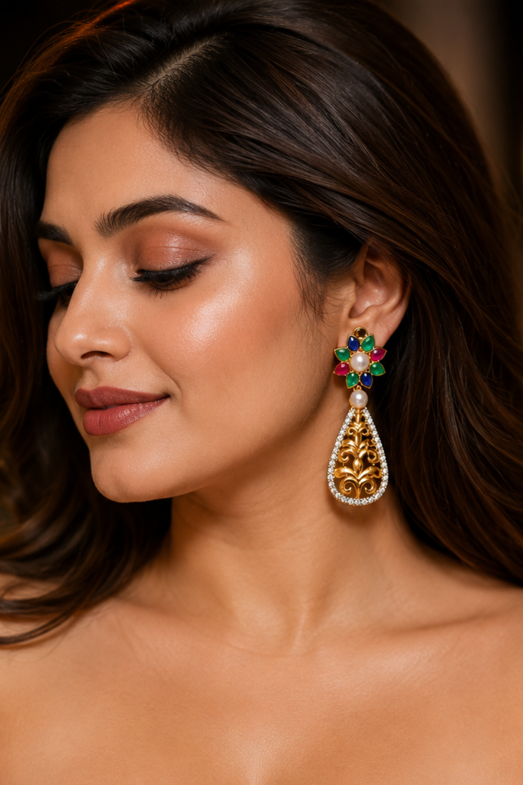 Gold Plated Multicolor Floral Filigree Drop Earrings