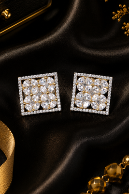 Gold Plated American Diamond Floral Square Stud Earrings 3