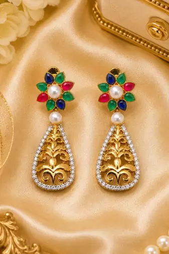 Gold Plated Multicolor Floral Filigree Drop Earrings