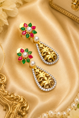 Gold plated floral filigree drop earrings 2