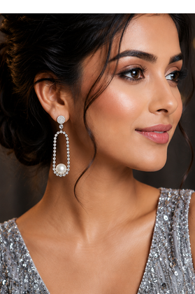 Rhodium Finish American Diamond Pearl Accent Earrings 1