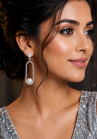 Rhodium Finish American Diamond Pearl Accent Earrings