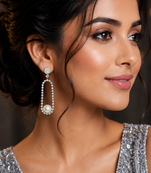 Rhodium Finish American Diamond Pearl Accent Earrings