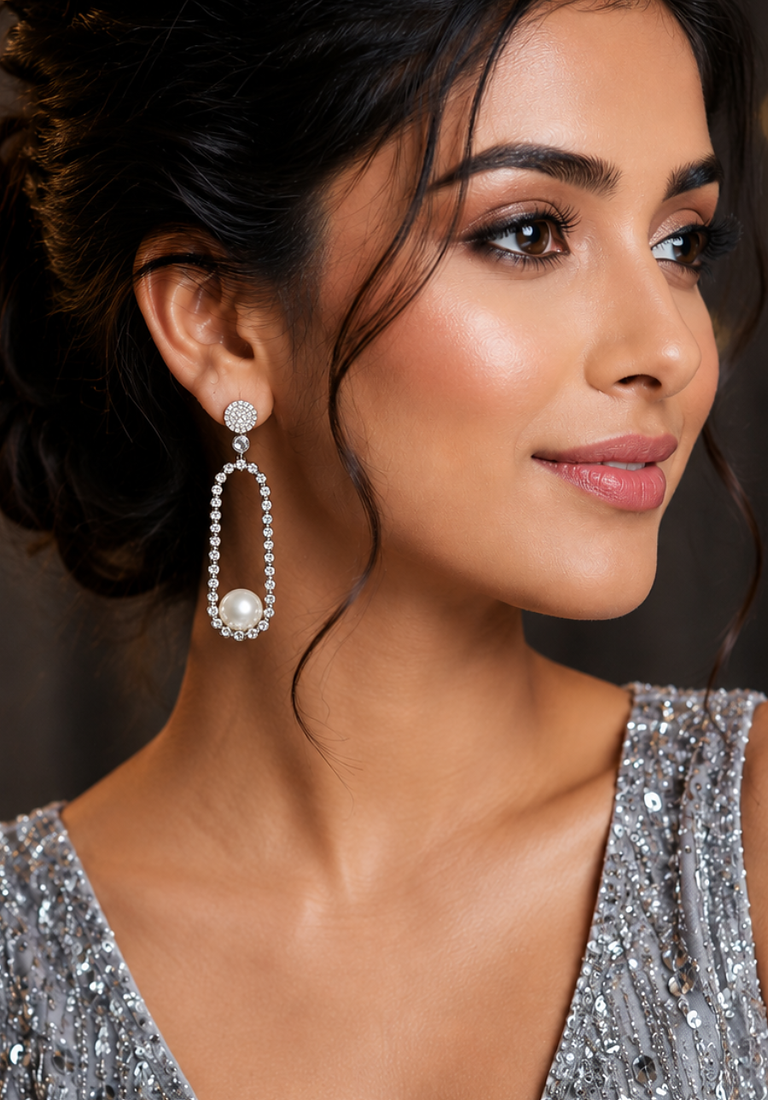 Rhodium Finish American Diamond Pearl Accent Earrings