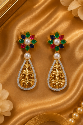 Gold Plated Multicolor Floral Filigree Drop Earrings 3
