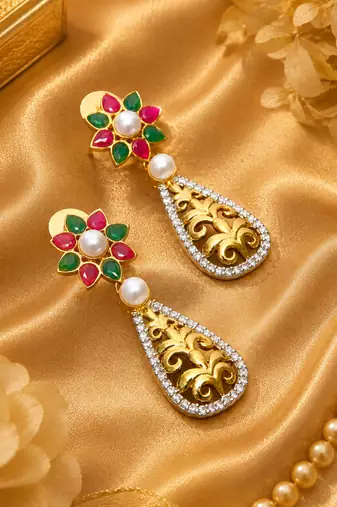 Gold plated floral filigree drop earrings