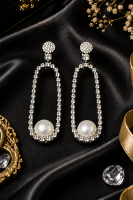 Rhodium Finish American Diamond Pearl Accent Earrings 2