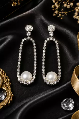 Rhodium Finish American Diamond Pearl Accent Earrings