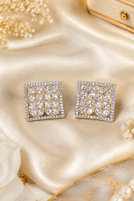 Gold Plated American Diamond Floral Square Stud Earrings 5