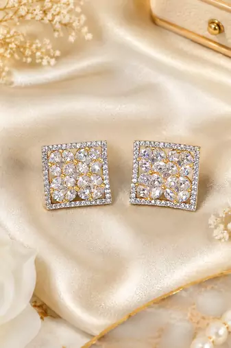 Gold Plated American Diamond Floral Square Stud Earrings