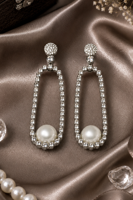 Rhodium Finish American Diamond Pearl Accent Earrings 3