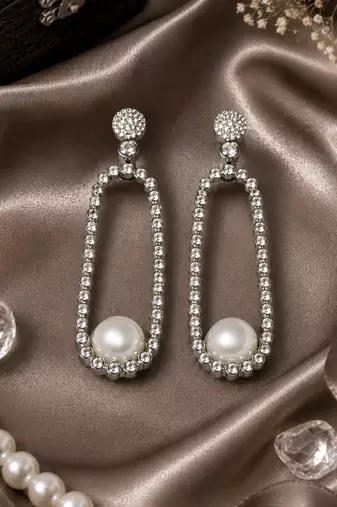 Rhodium Finish American Diamond Pearl Accent Earrings
