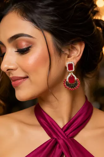 Gold Finish American Diamond Ruby Filigree Earrings