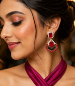 Gold Finish American Diamond Ruby Filigree Earrings
