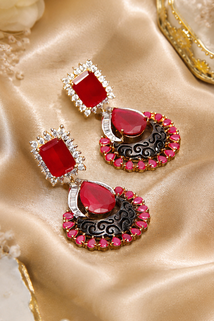 Gold Finish American Diamond Ruby Filigree Earrings