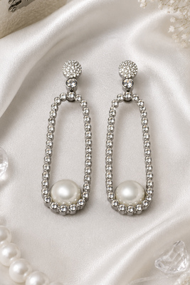 Rhodium Finish American Diamond Pearl Accent Earrings 5
