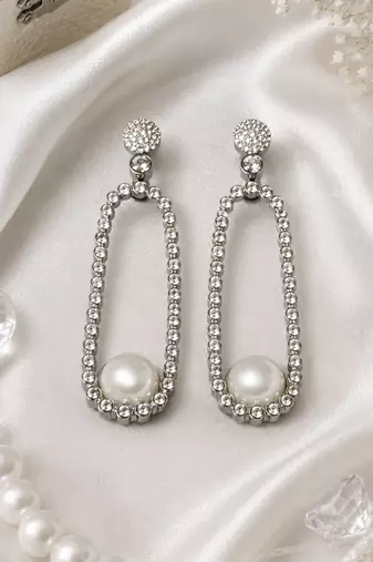 Rhodium Finish American Diamond Pearl Accent Earrings