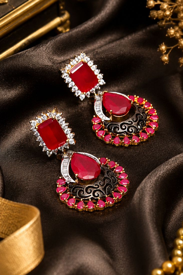 Gold Finish American Diamond Ruby Filigree Earrings