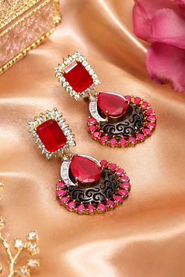 Gold Finish American Diamond Ruby Filigree Earrings 4