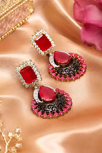 Gold Finish American Diamond Ruby Filigree Earrings