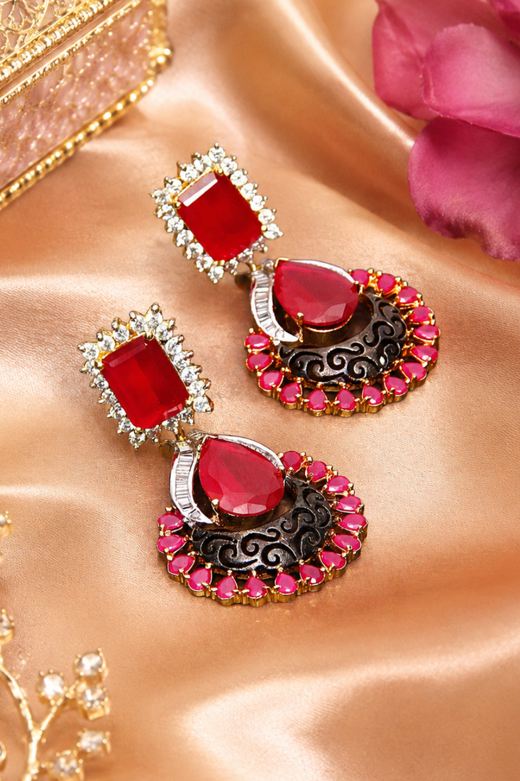 Gold Finish American Diamond Ruby Filigree Earrings