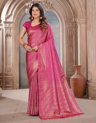 pink woven kanjivaram soft silk saree designer pallu saree with blouse 1
