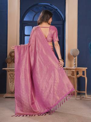 pink woven pure silk blend designer pallu saree with blouse 4