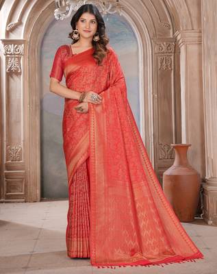 red woven kanjivaram soft silk saree designer pallu saree with blouse 1