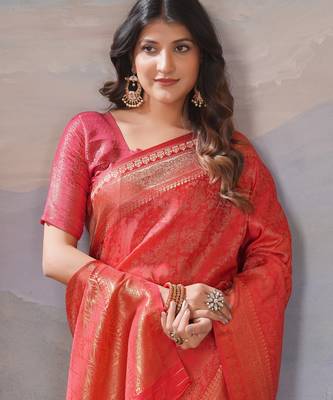 red woven kanjivaram soft silk saree designer pallu saree with blouse 2