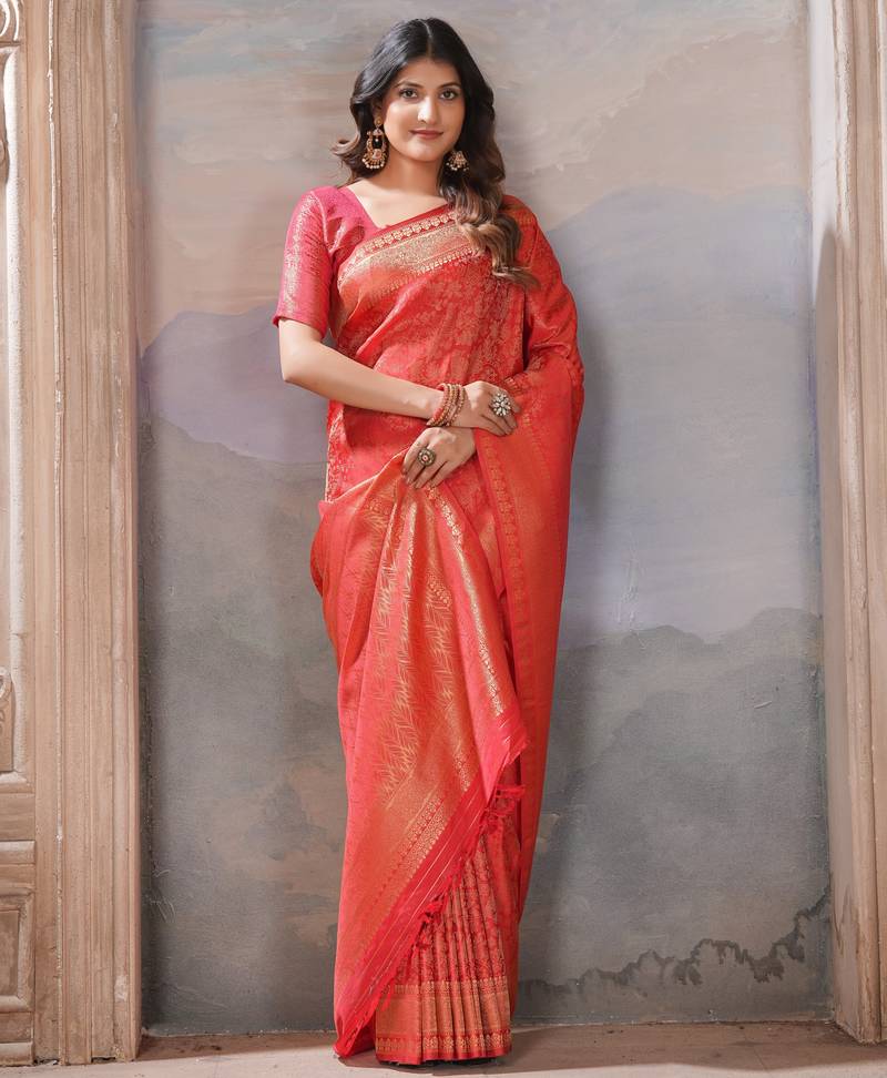 red woven kanjivaram soft silk saree designer pallu saree with blouse