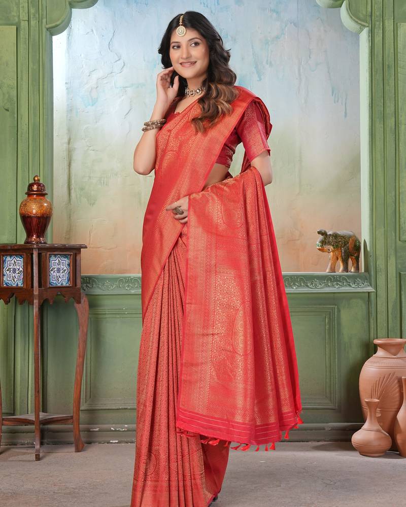 red woven kanjivaram soft silk Blend saree designer pallu saree with blouse