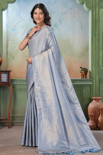 light blue woven kanjivaram soft silk blend saree designer pallu saree with blouse