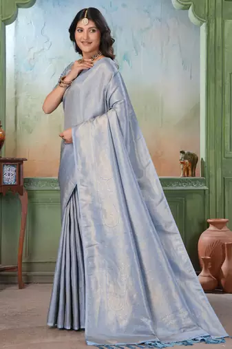 light blue woven kanjivaram soft silk blend saree designer pallu saree with blouse