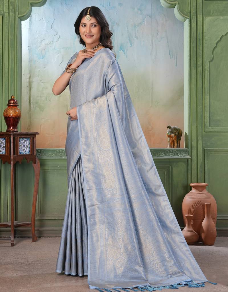 light blue woven kanjivaram soft silk blend saree designer pallu saree with blouse