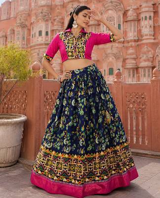 Navy Blue Soft Silk Blend Printed Gamthi Work Lehenga Se 1
