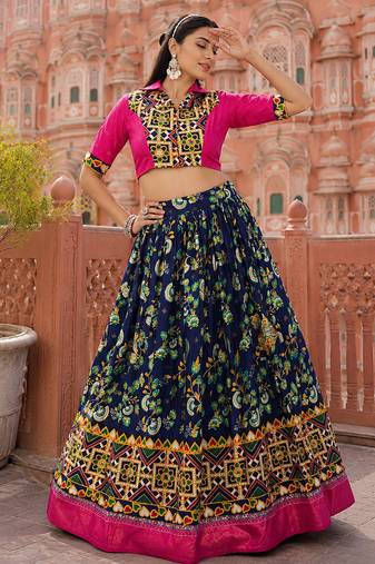 Navy Blue Soft Silk Blend Printed Gamthi Work Lehenga Se