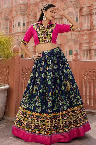 Navy Blue Soft Silk Blend Printed Gamthi Work Lehenga Se