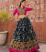 Navy Blue Soft Silk Blend Printed Gamthi Work Lehenga Se